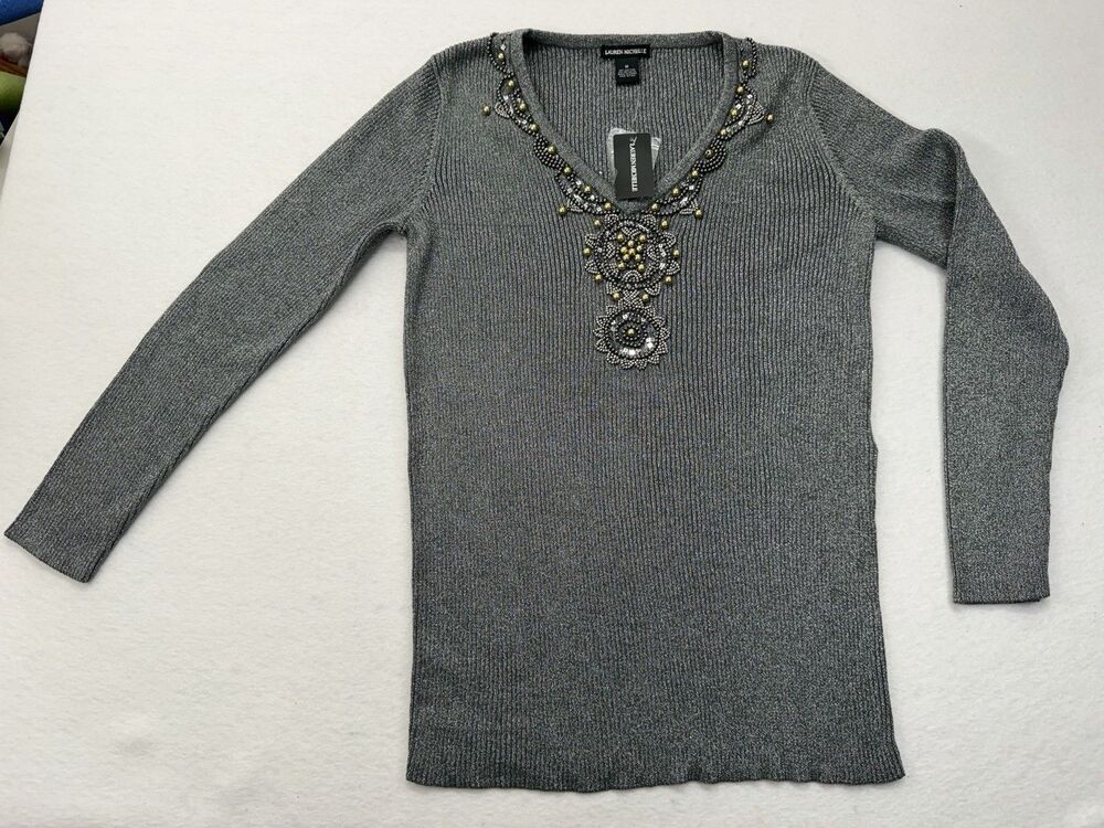 Lauren Michelle Metallic Top Silver and Gold Beads Ribbed Long Sleeve Medium